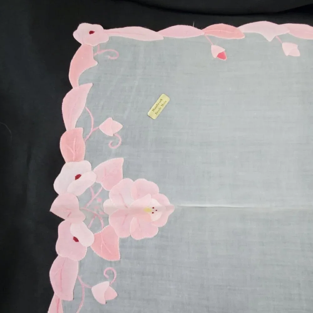 VTG 4 Hand Applique Embroidered Organdy Linen Placemats Pink White By Brode Main